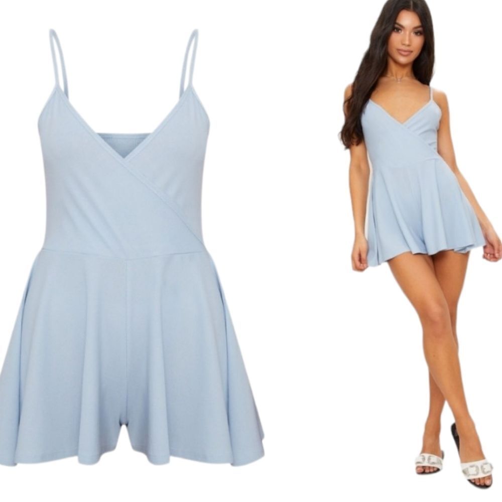 PrettyLittleThing -760 NWT Powder Blue Crepe Strappy Wrap Romper Women's‎ sz 6